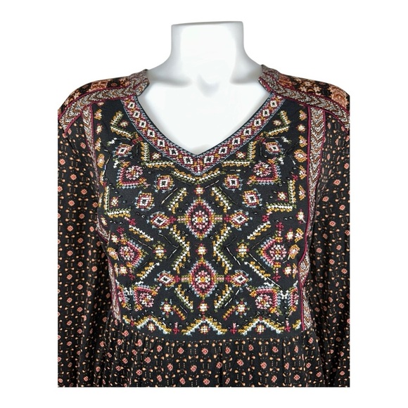 Style & Co Black Brown Boho Embroidered Beaded Floral Nylon Mesh Tiered Dress PL - Picture 1 of 15